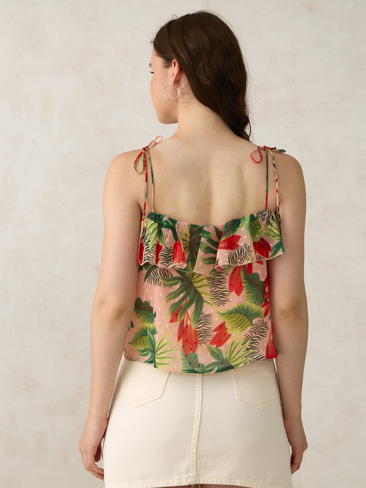 Peach Printed Tie Up Ruffle Top