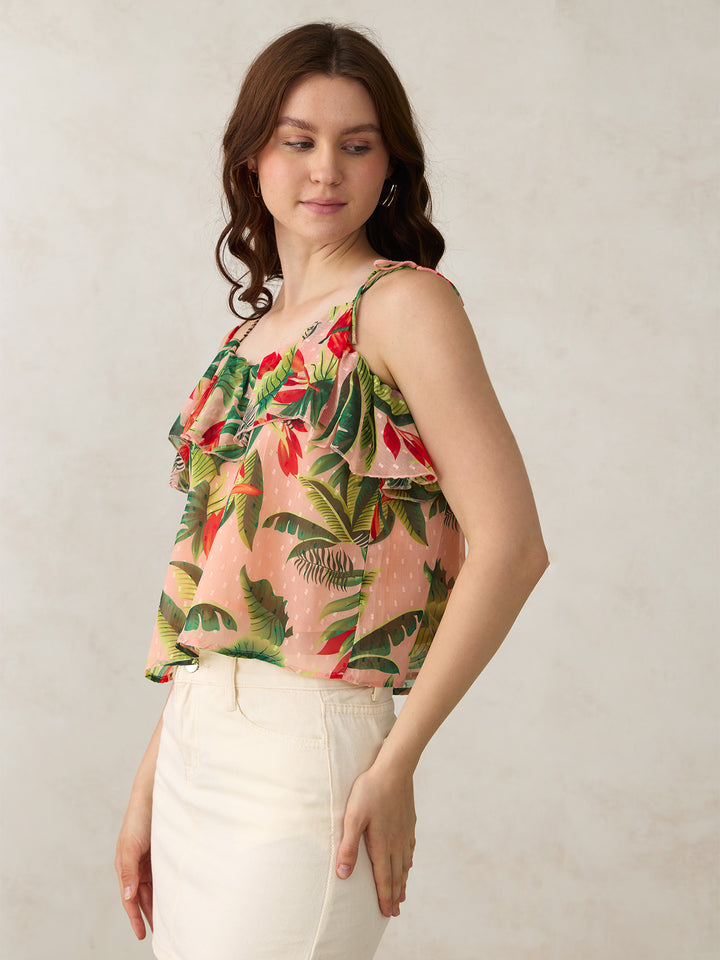 Peach Printed Tie Up Ruffle Top