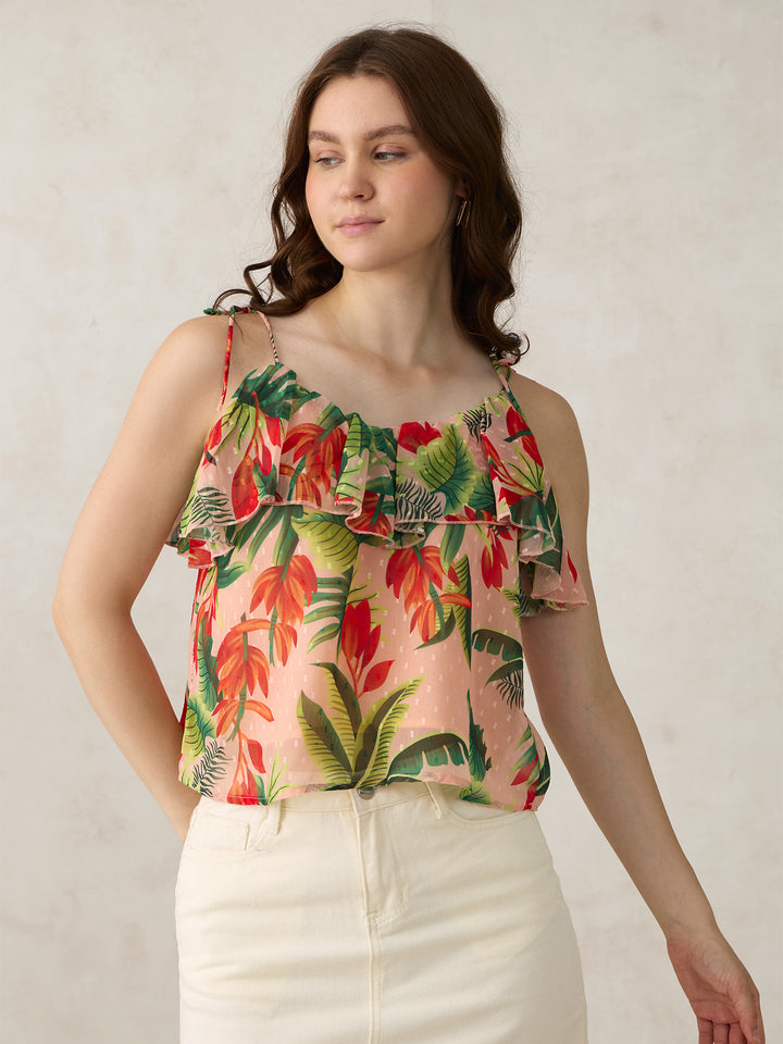Peach Printed Tie Up Ruffle Top