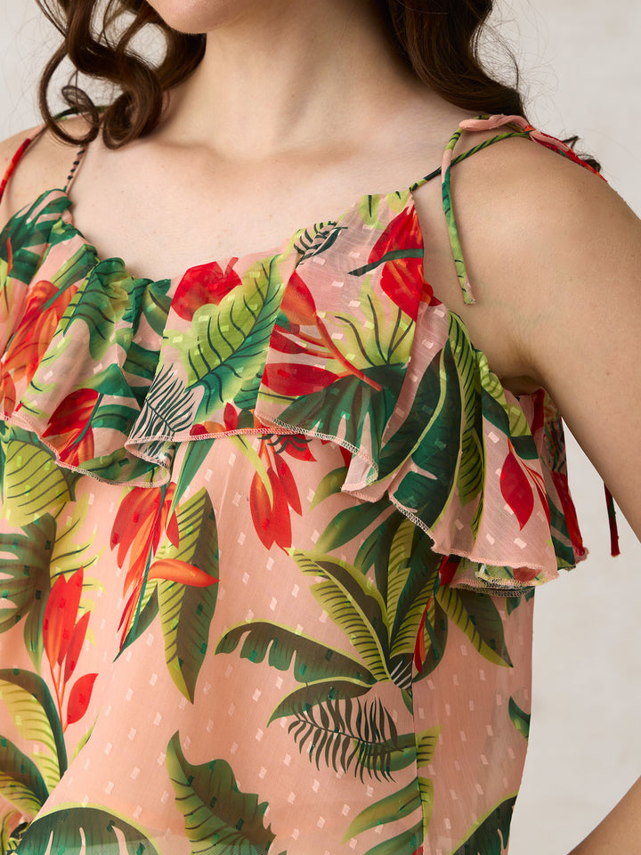 Peach Printed Tie Up Ruffle Top