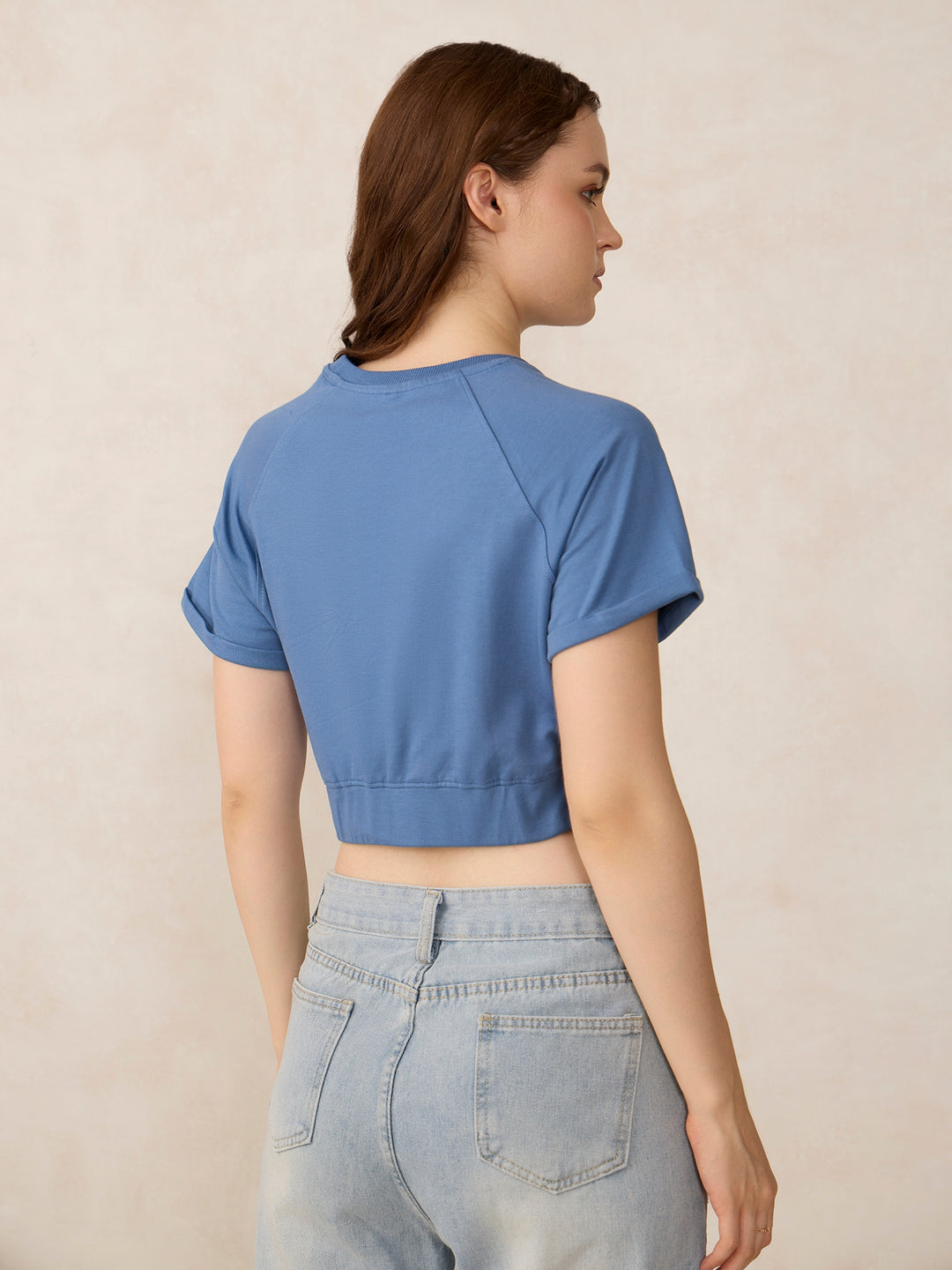 Blue Cropped Raglan Sleeve Sweatshirt