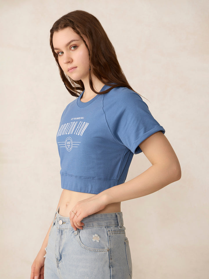 Blue Cropped Raglan Sleeve Sweatshirt