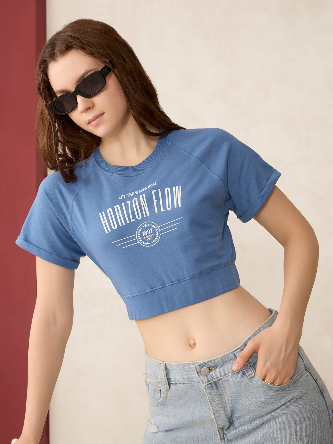 Blue Cropped Raglan Sleeve Sweatshirt