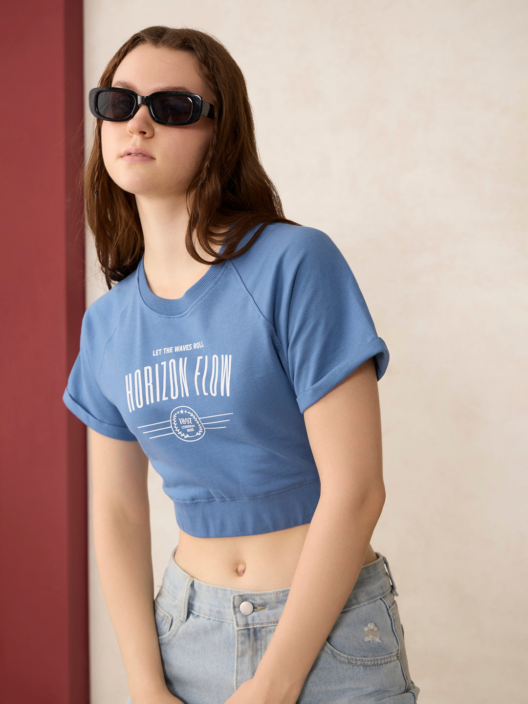 Blue Cropped Raglan Sleeve Sweatshirt