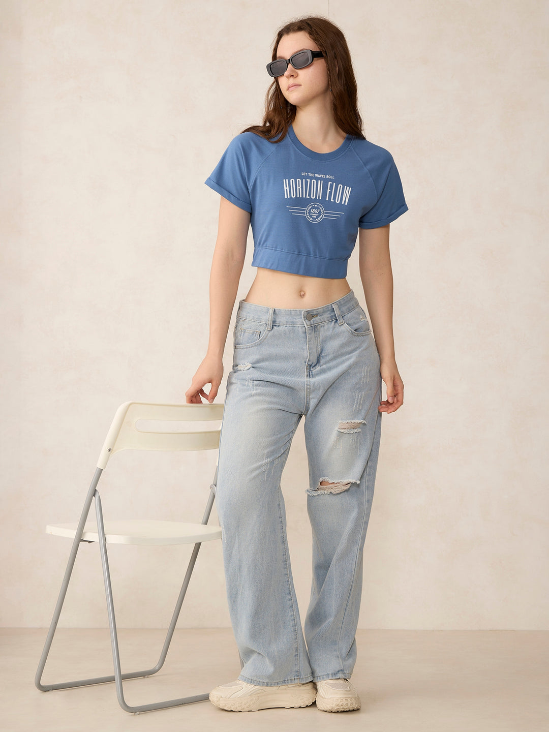 Blue Cropped Raglan Sleeve Sweatshirt