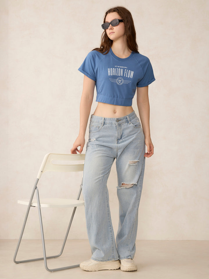 Blue Cropped Raglan Sleeve Sweatshirt