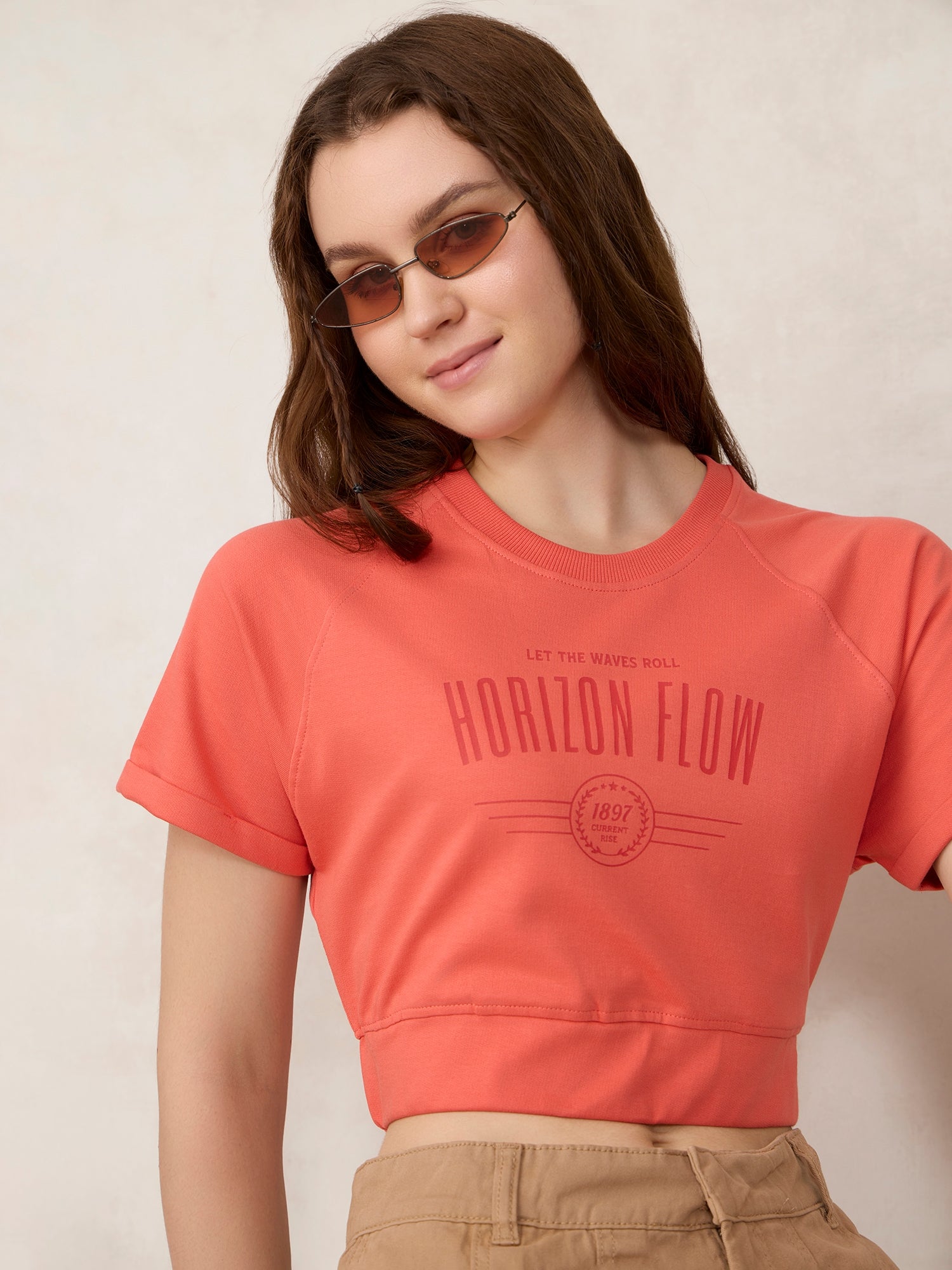 Coral Cropped Raglan Sleeve Sweatshirt