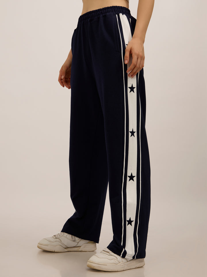 Navy Blue Side Tape Printed Joggers
