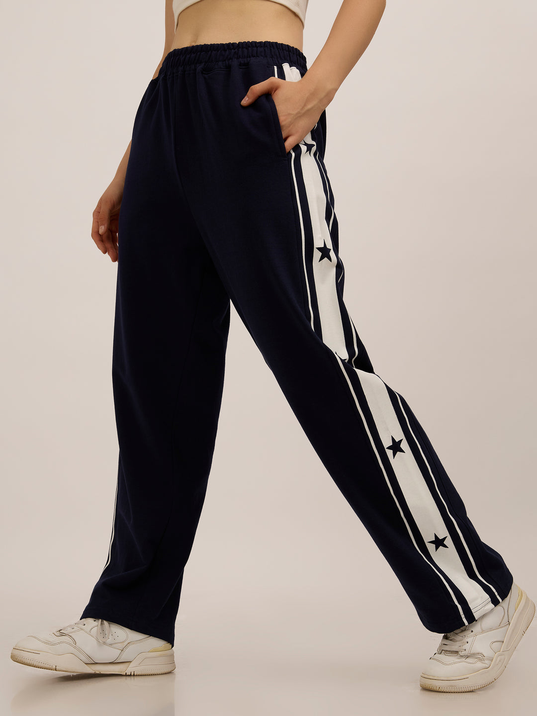 Navy Blue Side Tape Printed Joggers