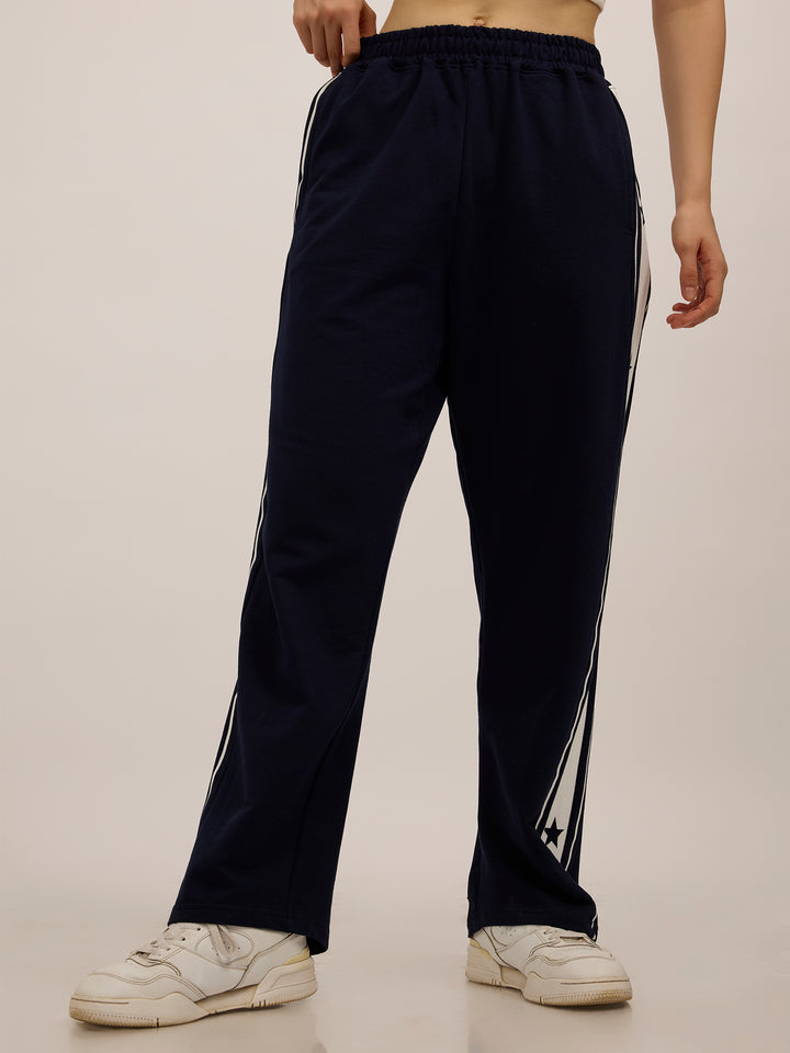 Navy Blue Side Tape Printed Joggers
