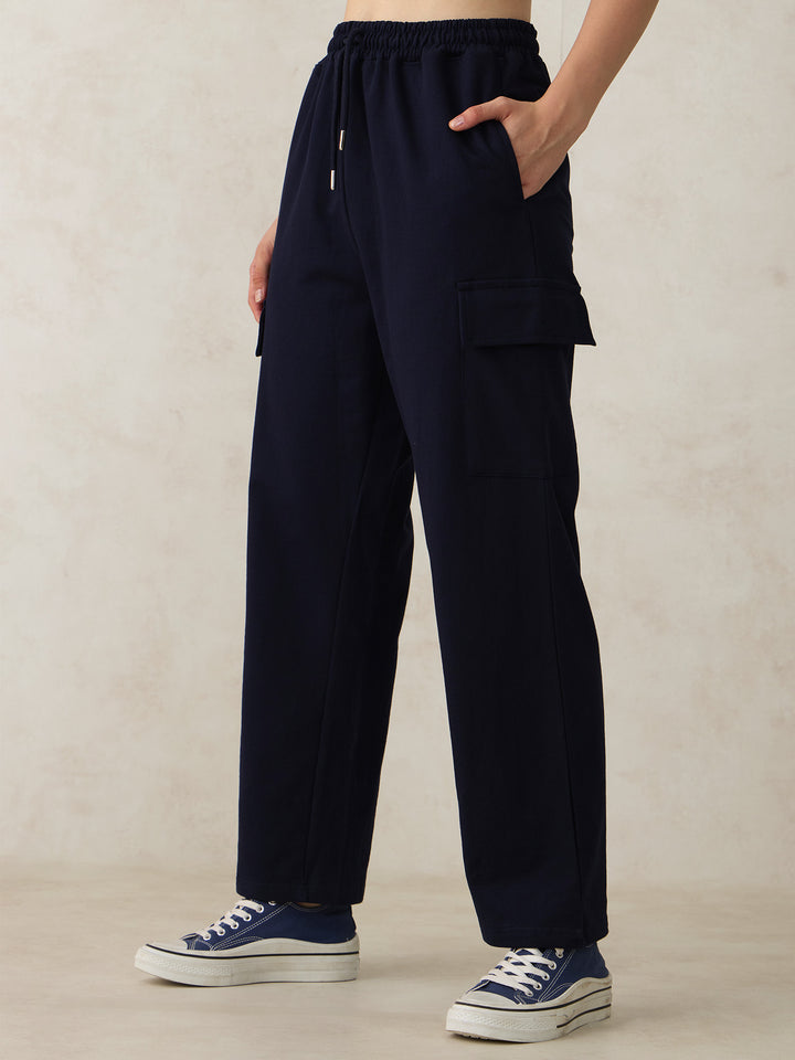 Navy Blue Cargo Pocket Wide Leg Sweatpants