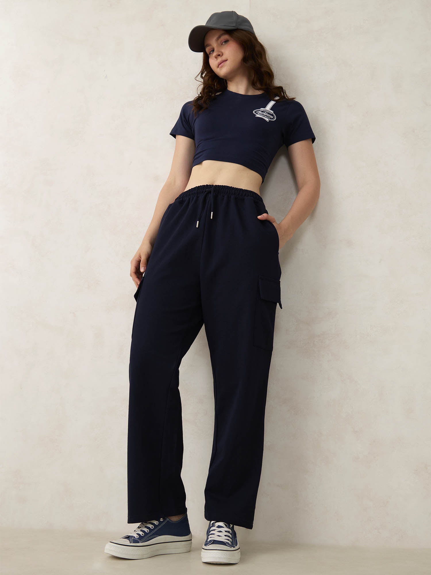Navy Blue Cargo Pocket Wide Leg Sweatpants
