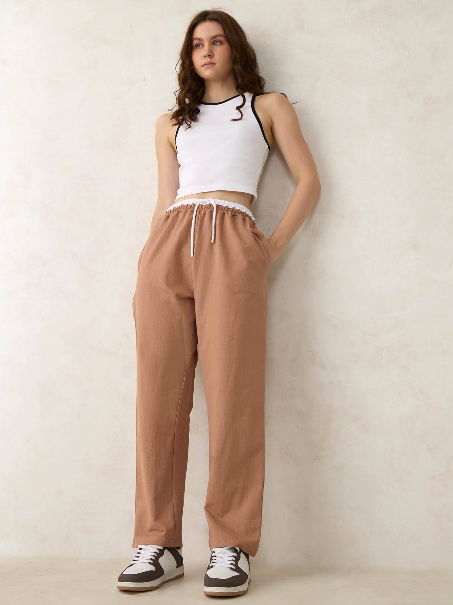 Brown Dual Toned Waistband Sweatpants