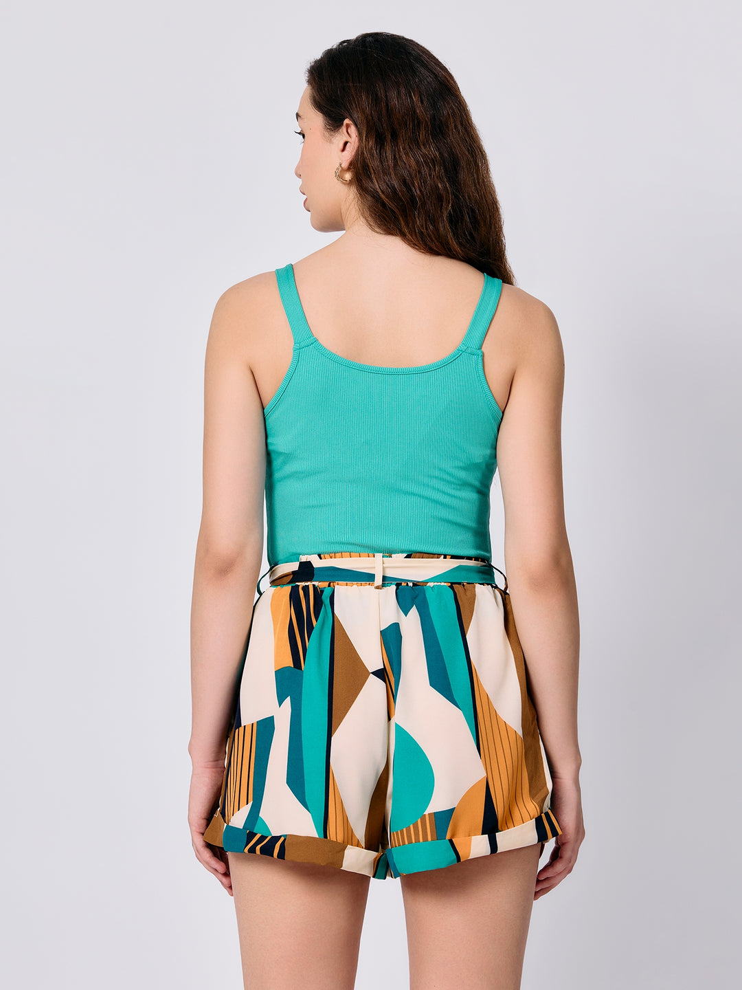 Green Solid Camisole With Printed Shorts Co-ord