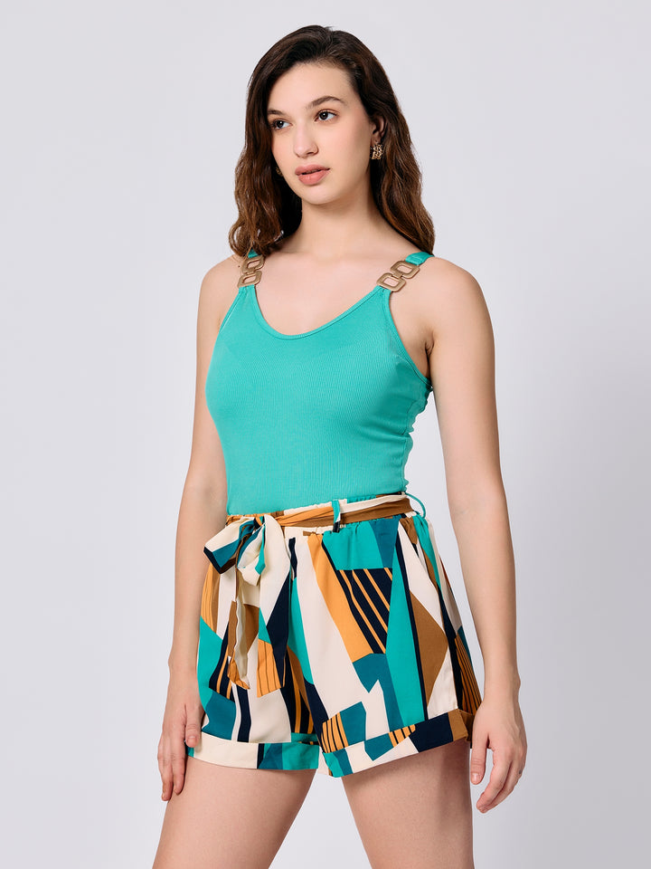 Green Solid Camisole With Printed Shorts Co-ord