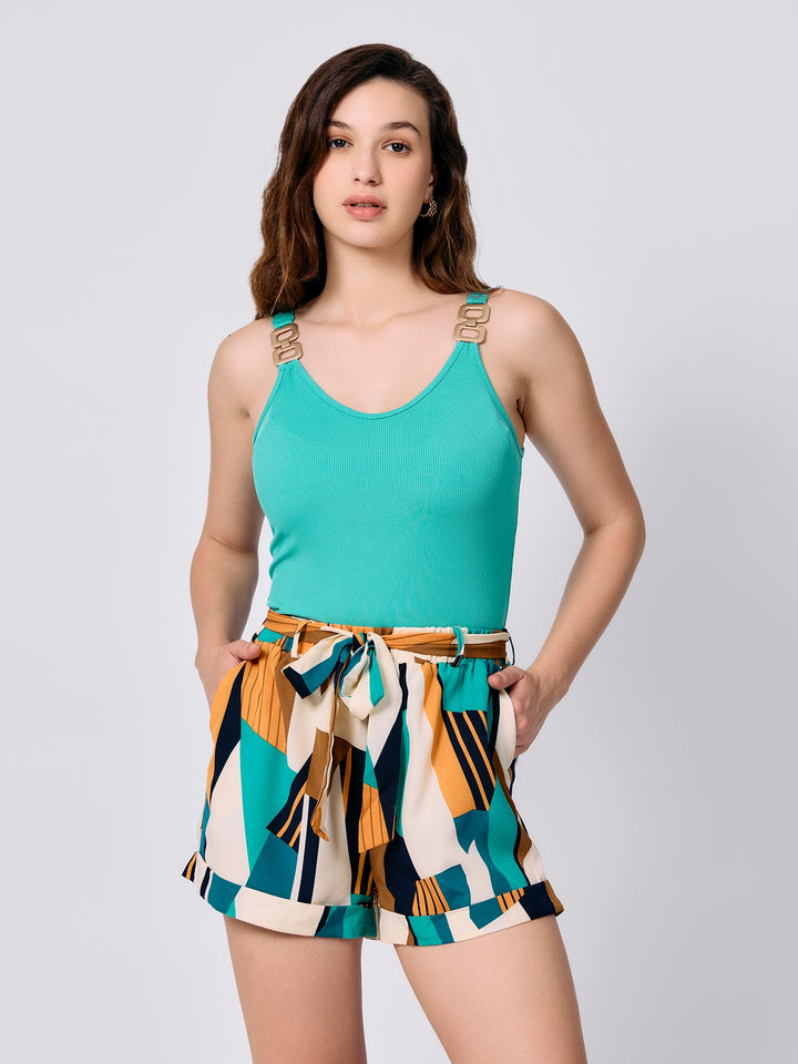 Green Solid Camisole With Printed Shorts Co-ord