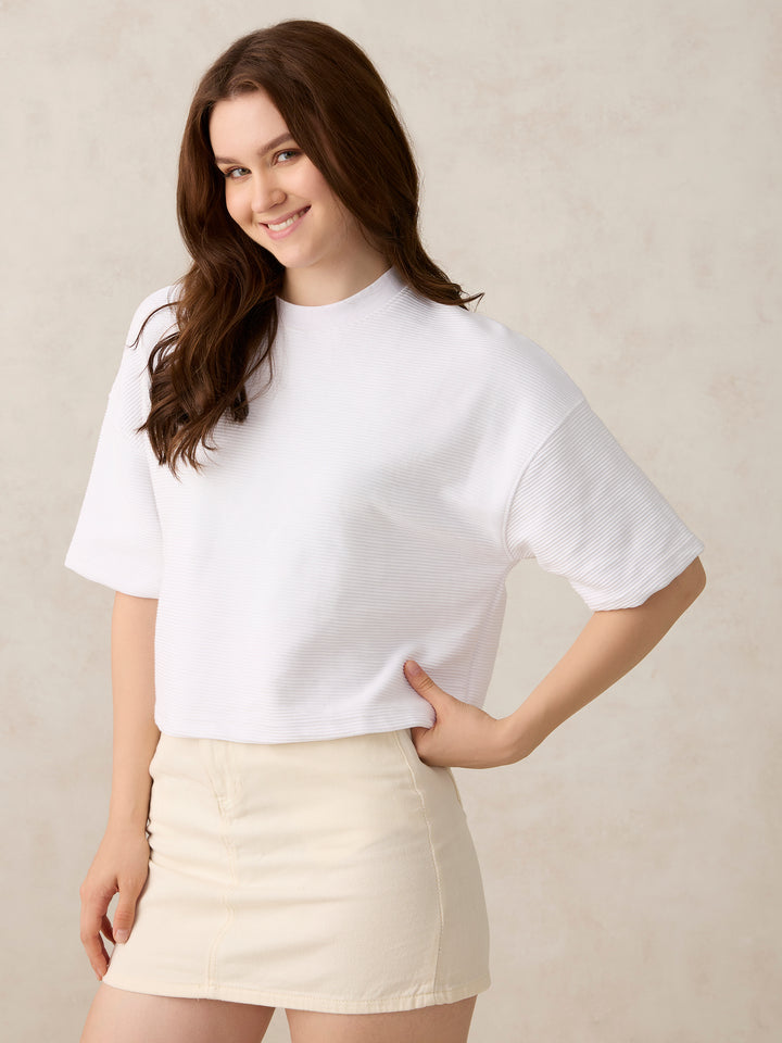 White Textured Boxy Top