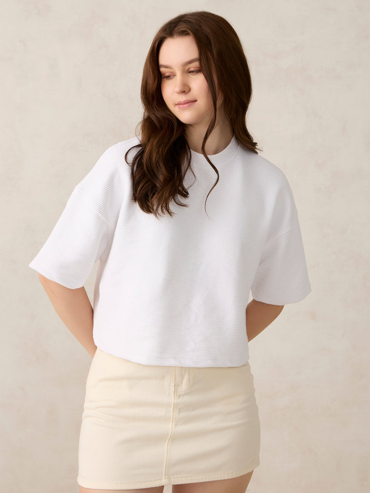 White Textured Boxy Top