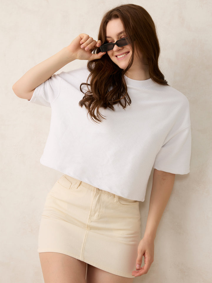 White Textured Boxy Top