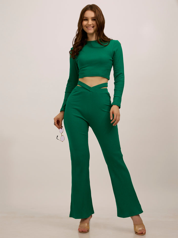 Green Fitted Rib Top with Fit & Flare Pants