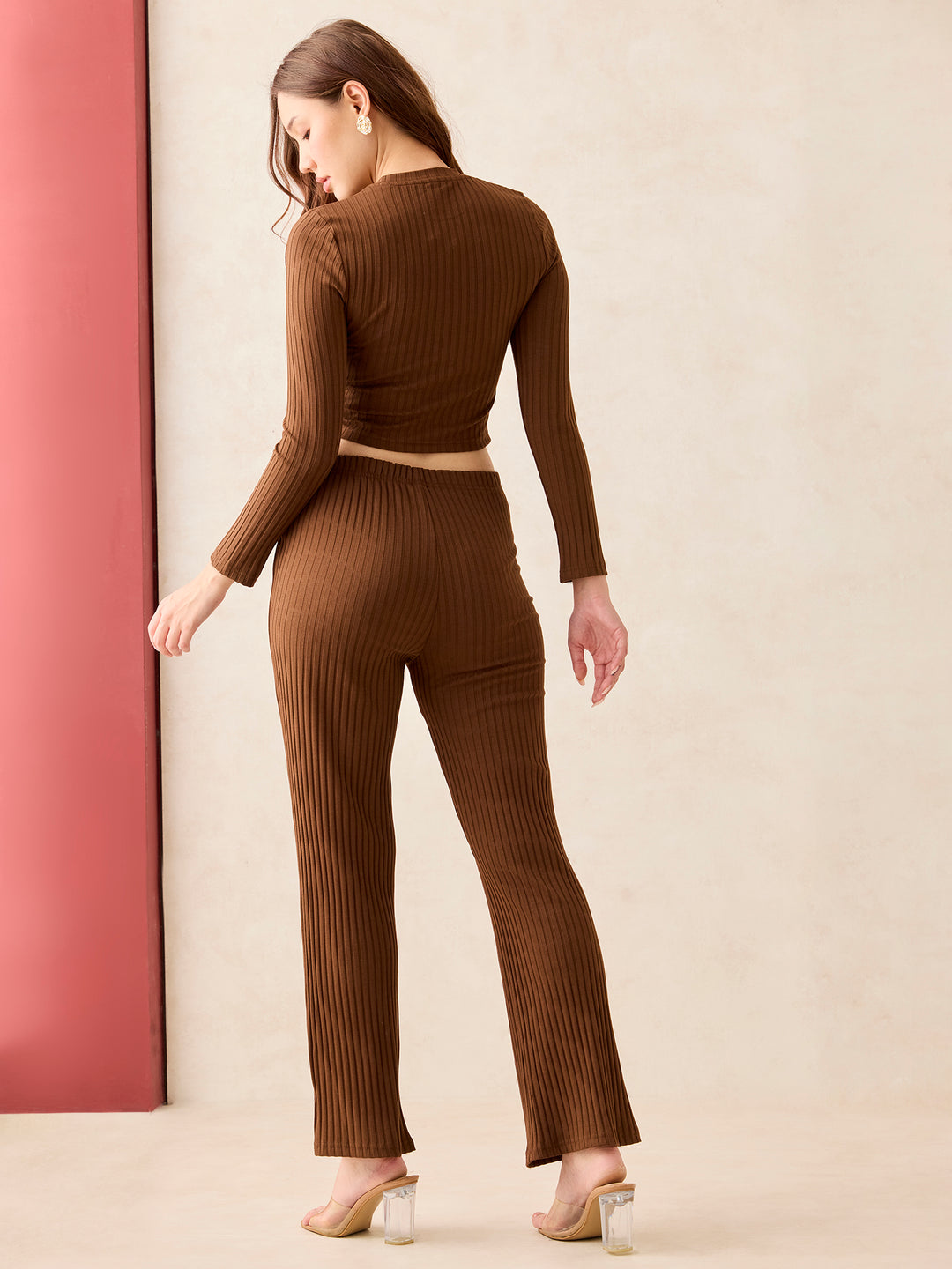 Brown Varigated Rib Front Knot Coord Set