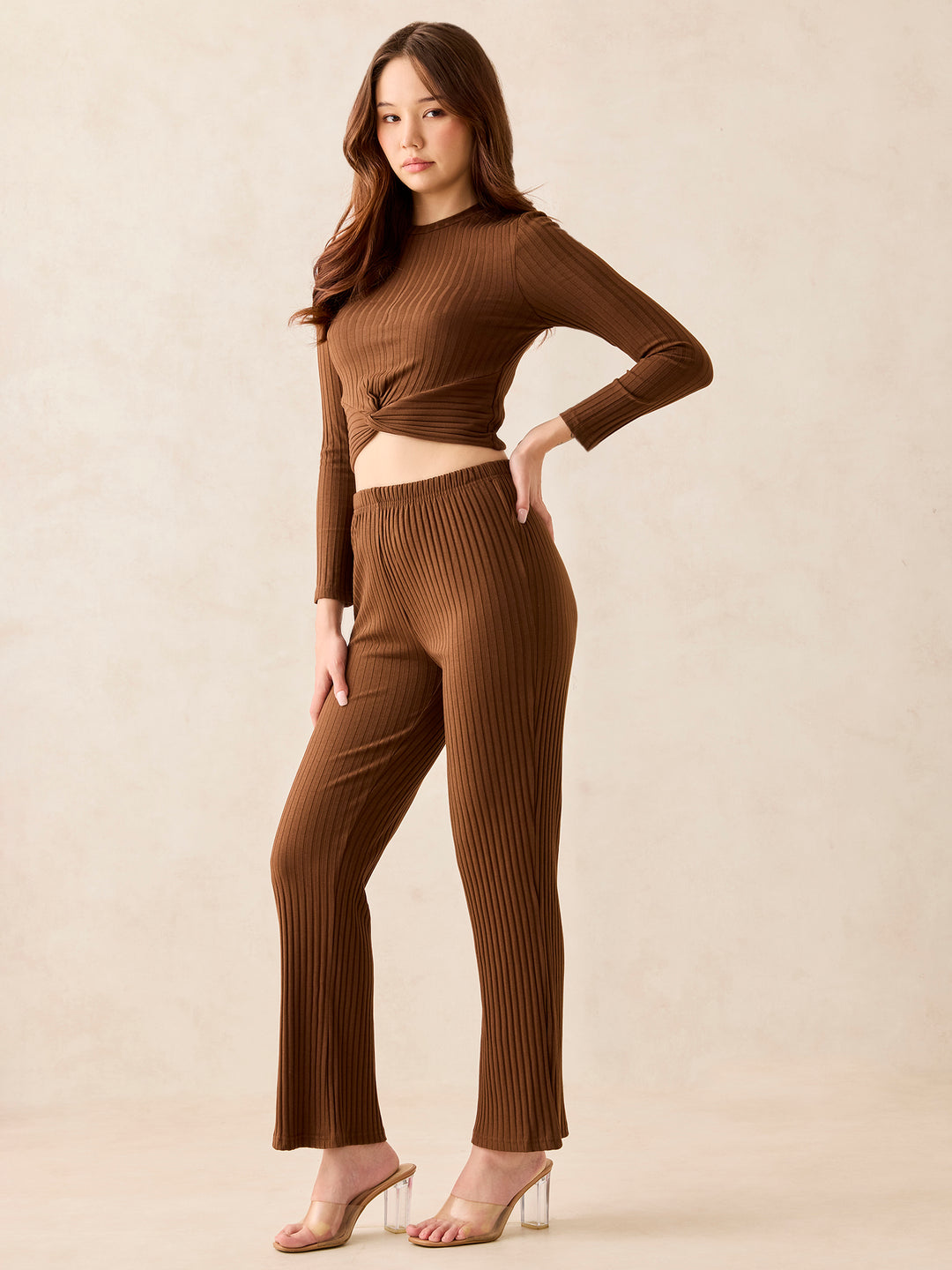 Brown Varigated Rib Front Knot Coord Set