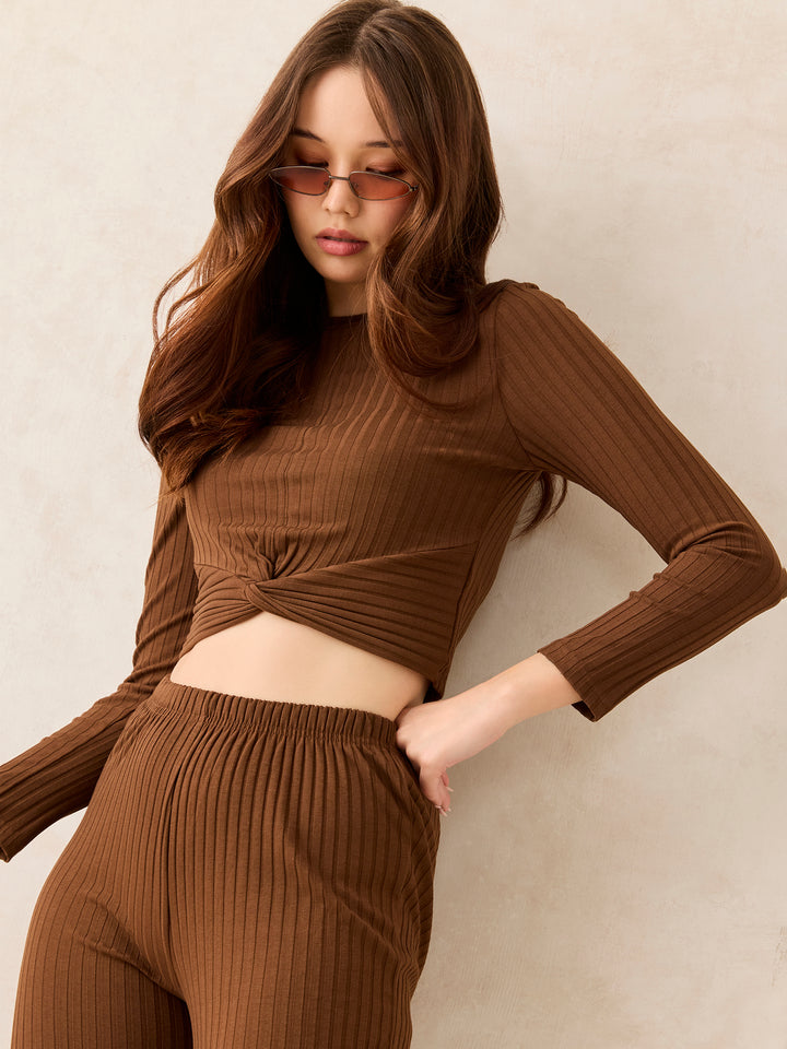 Brown Varigated Rib Front Knot Coord Set