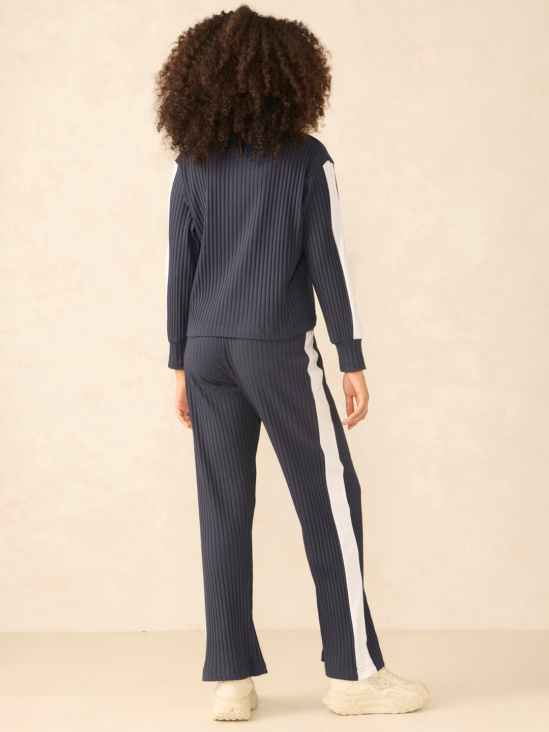 Navy Blue Contrast Rib Top And Straight Pants