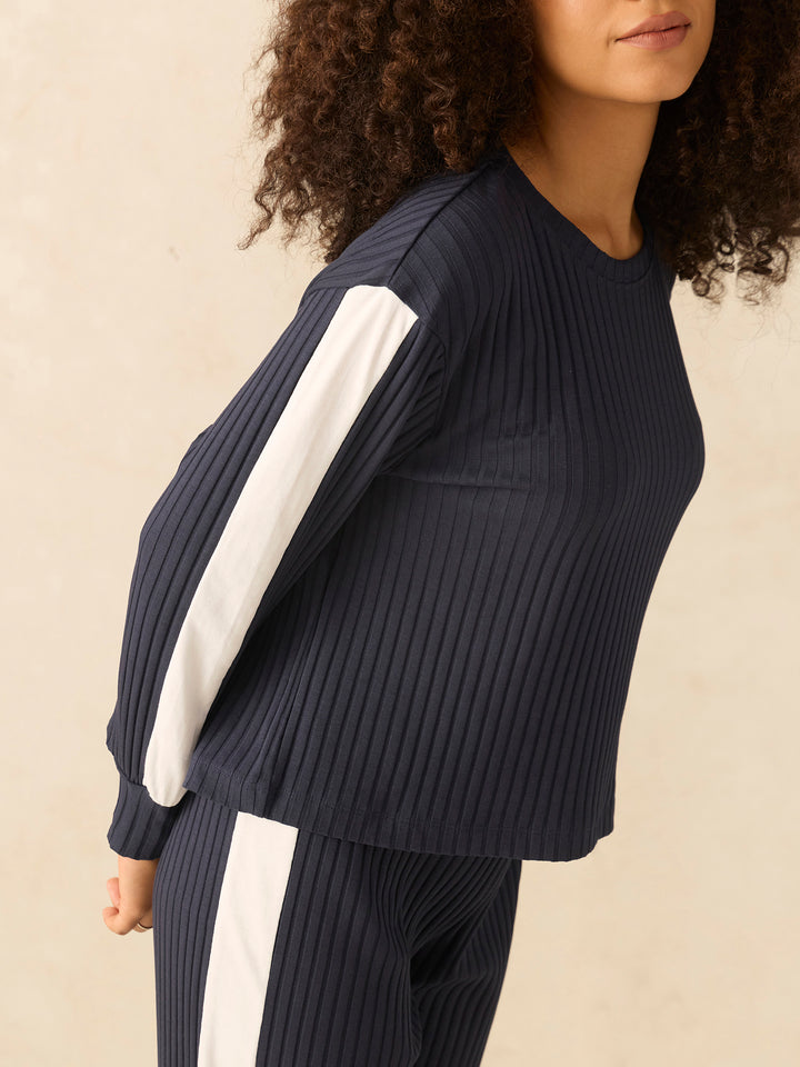 Navy Blue Contrast Rib Top And Straight Pants