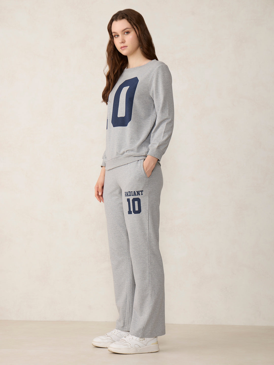 Grey Broad Neck Sweatshirt And Bottom Co-Ord