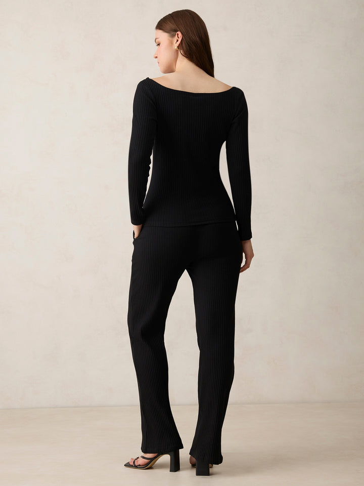 Black Off Shoulder Fitted Top Co-Ord Set