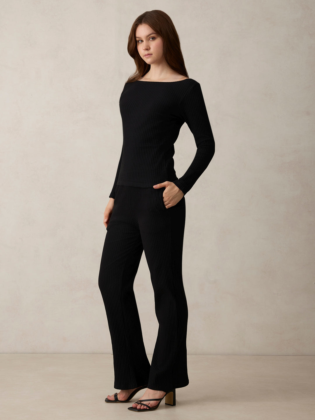 Black Off Shoulder Fitted Top Co-Ord Set