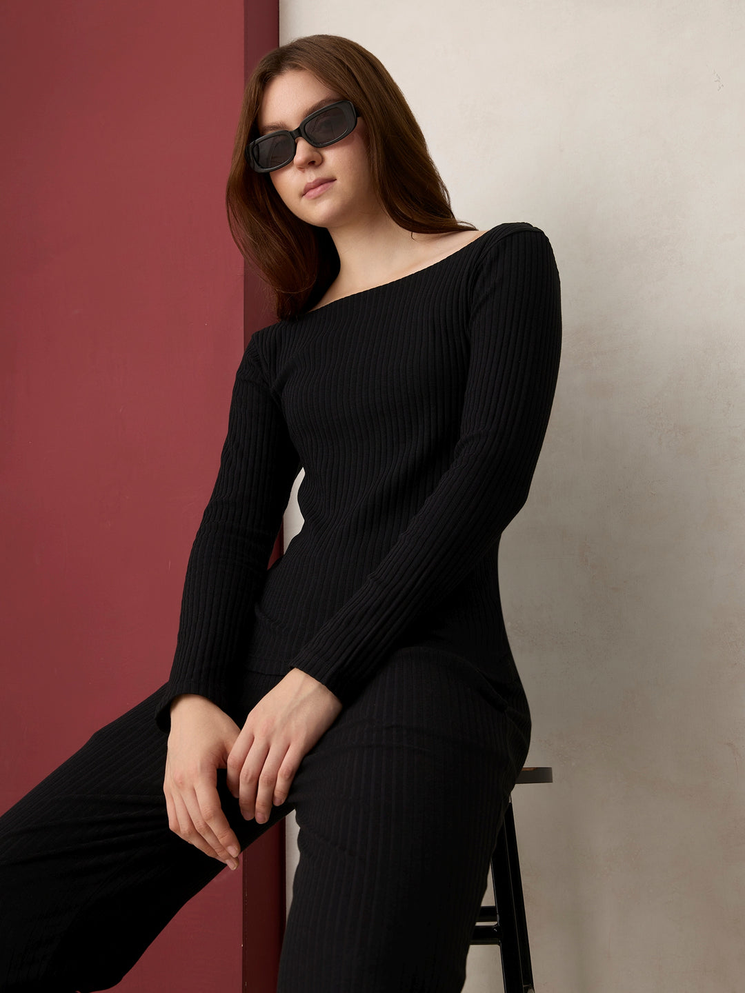 Black Off Shoulder Fitted Top Co-Ord Set