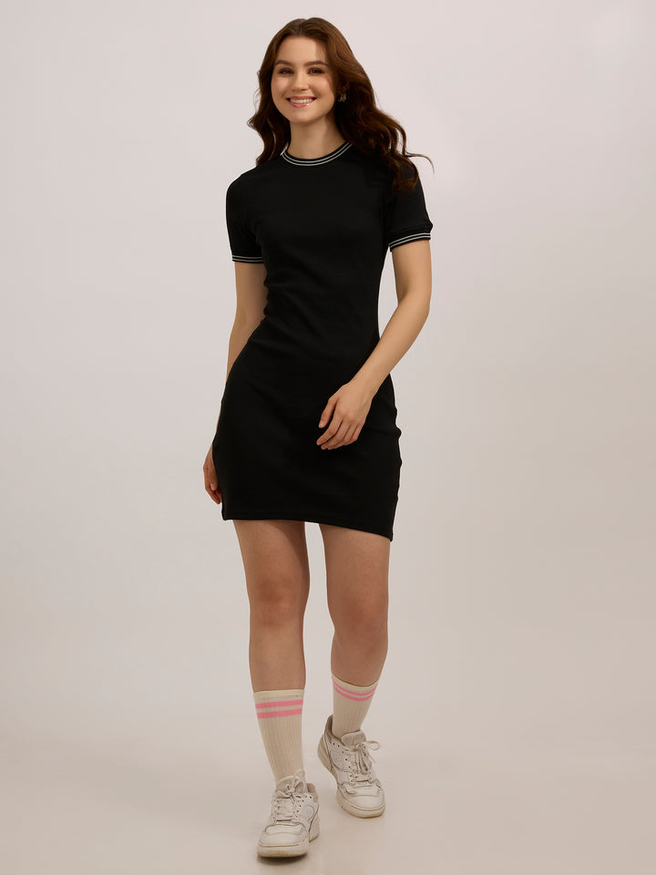 Black Varsity Ribbed Bodycon Dress