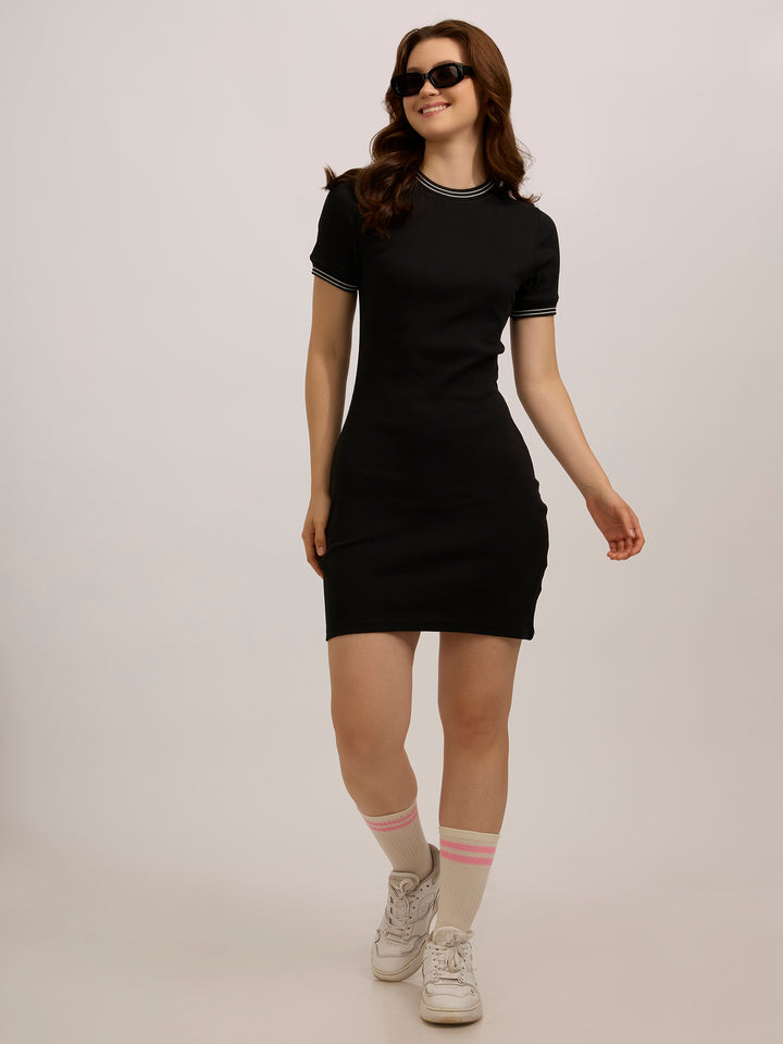 Black Varsity Ribbed Bodycon Dress