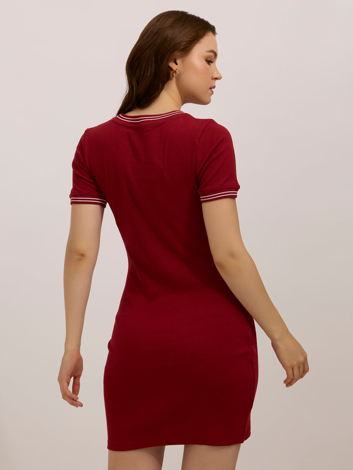 Maroon Varsity Ribbed Bodycon Dress