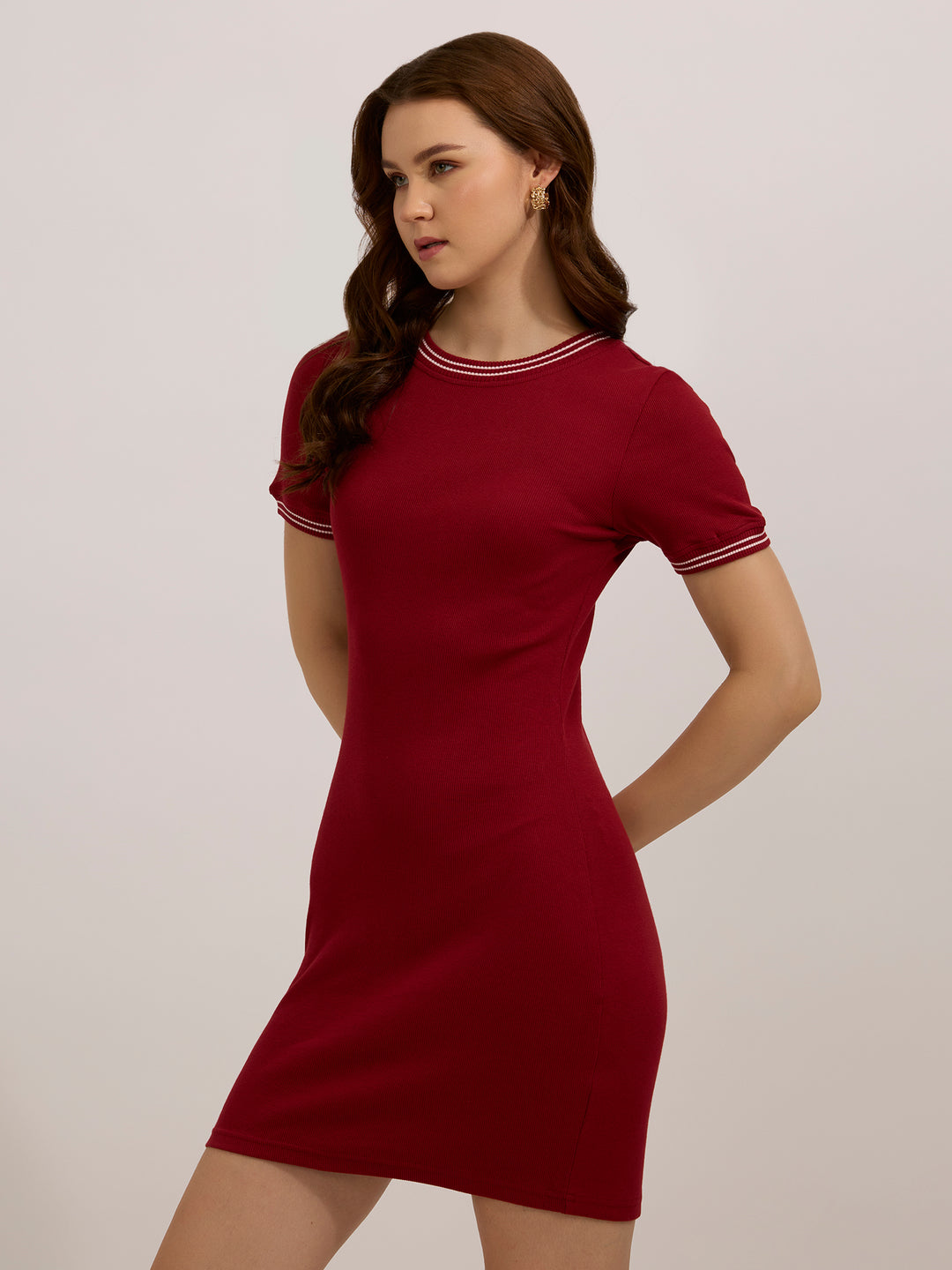 Maroon Varsity Ribbed Bodycon Dress