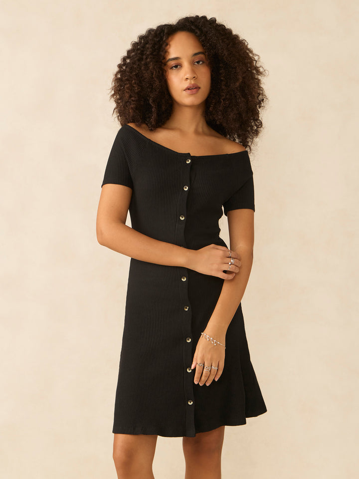 Black Off-Shoulder Button Down Ribbed Dress