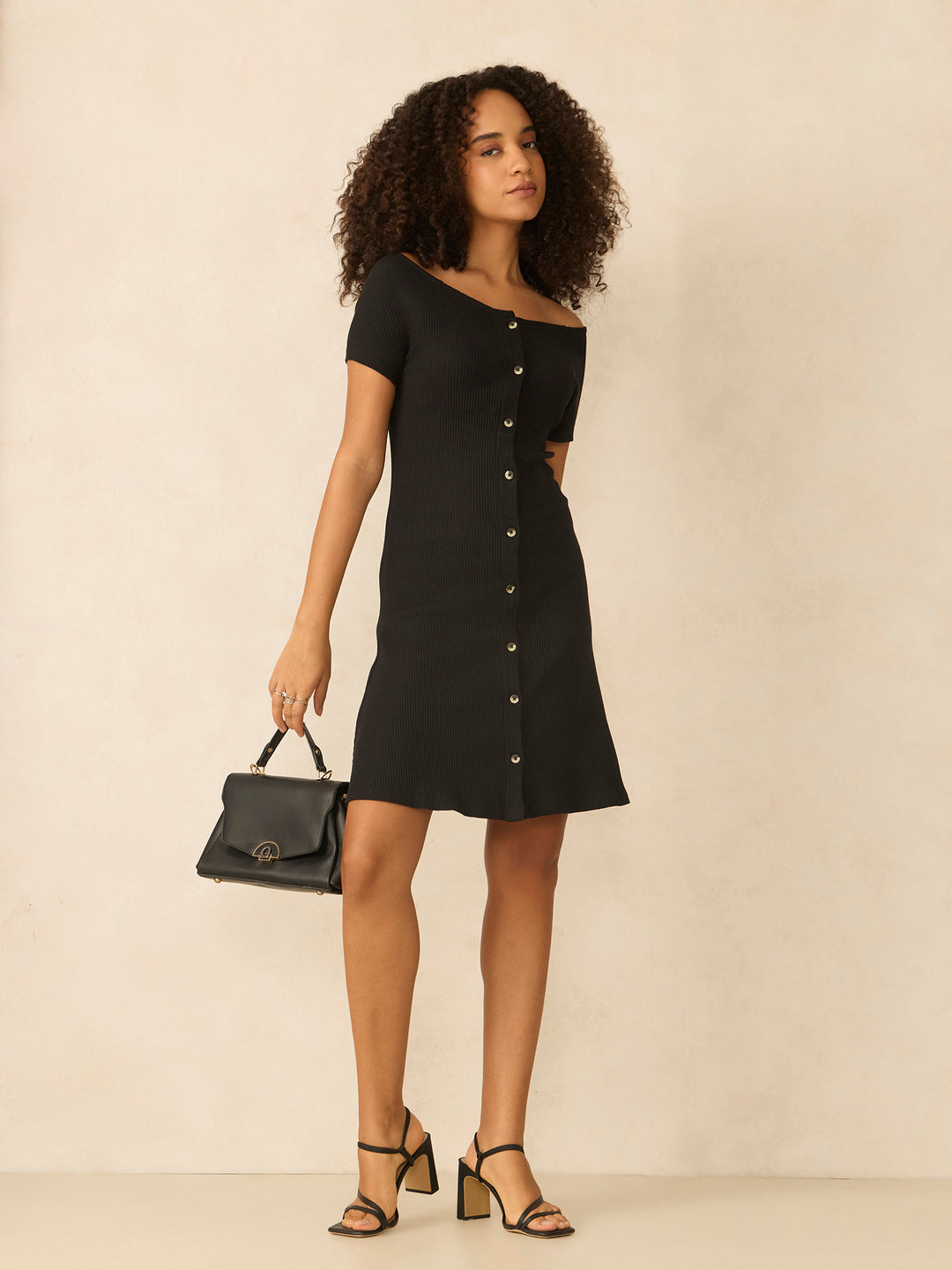 Black Off-Shoulder Button Down Ribbed Dress