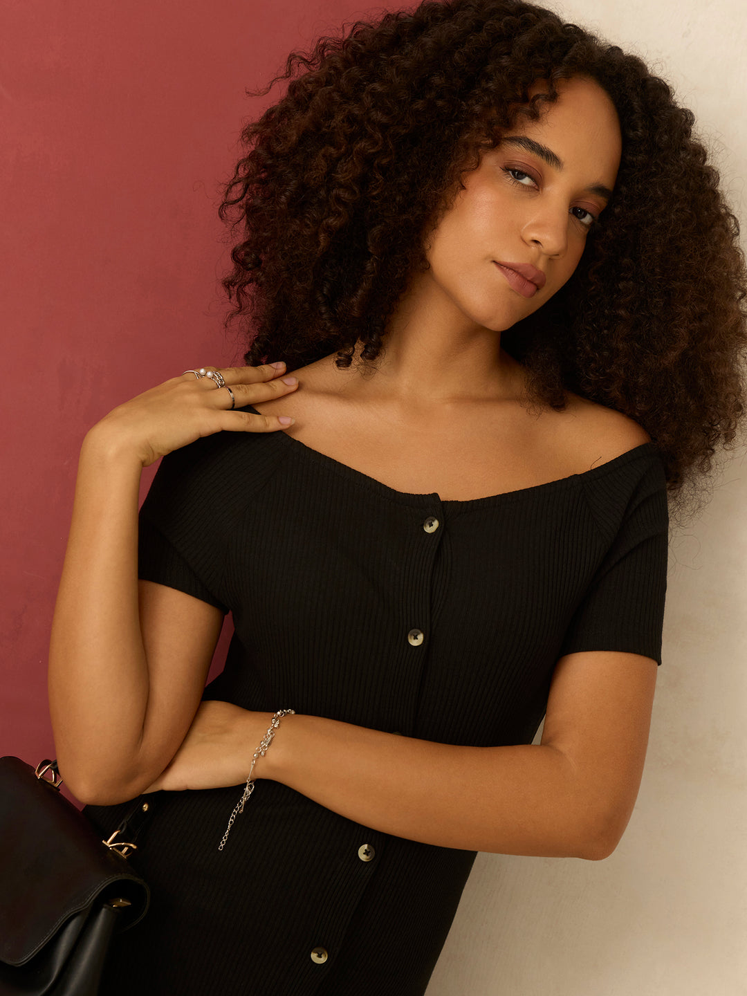 Black Off-Shoulder Button Down Ribbed Dress