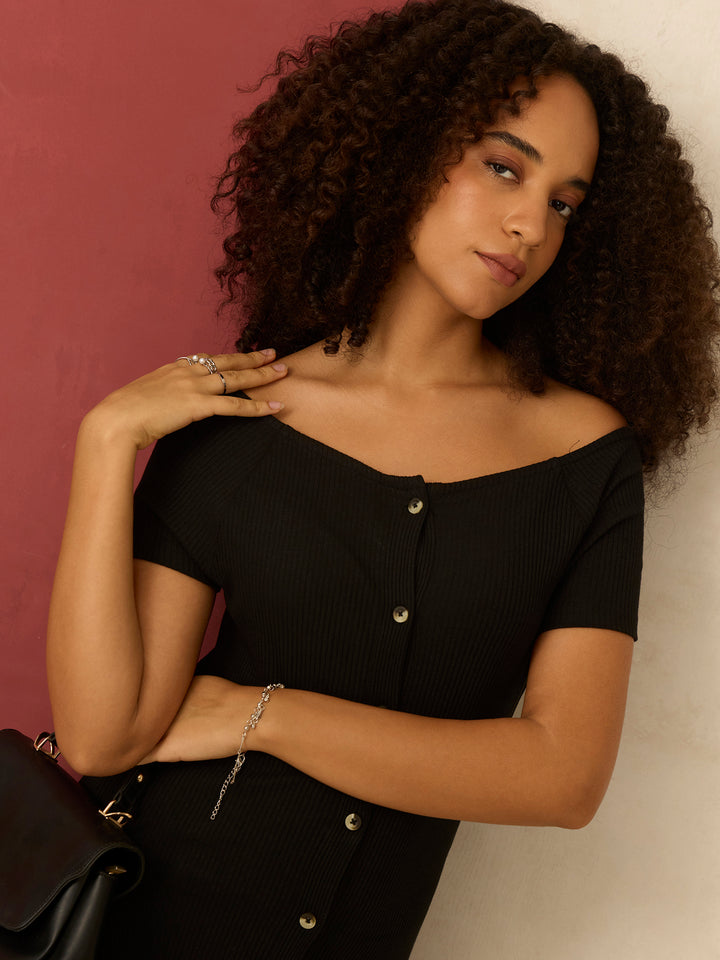 Black Off-Shoulder Button Down Ribbed Dress