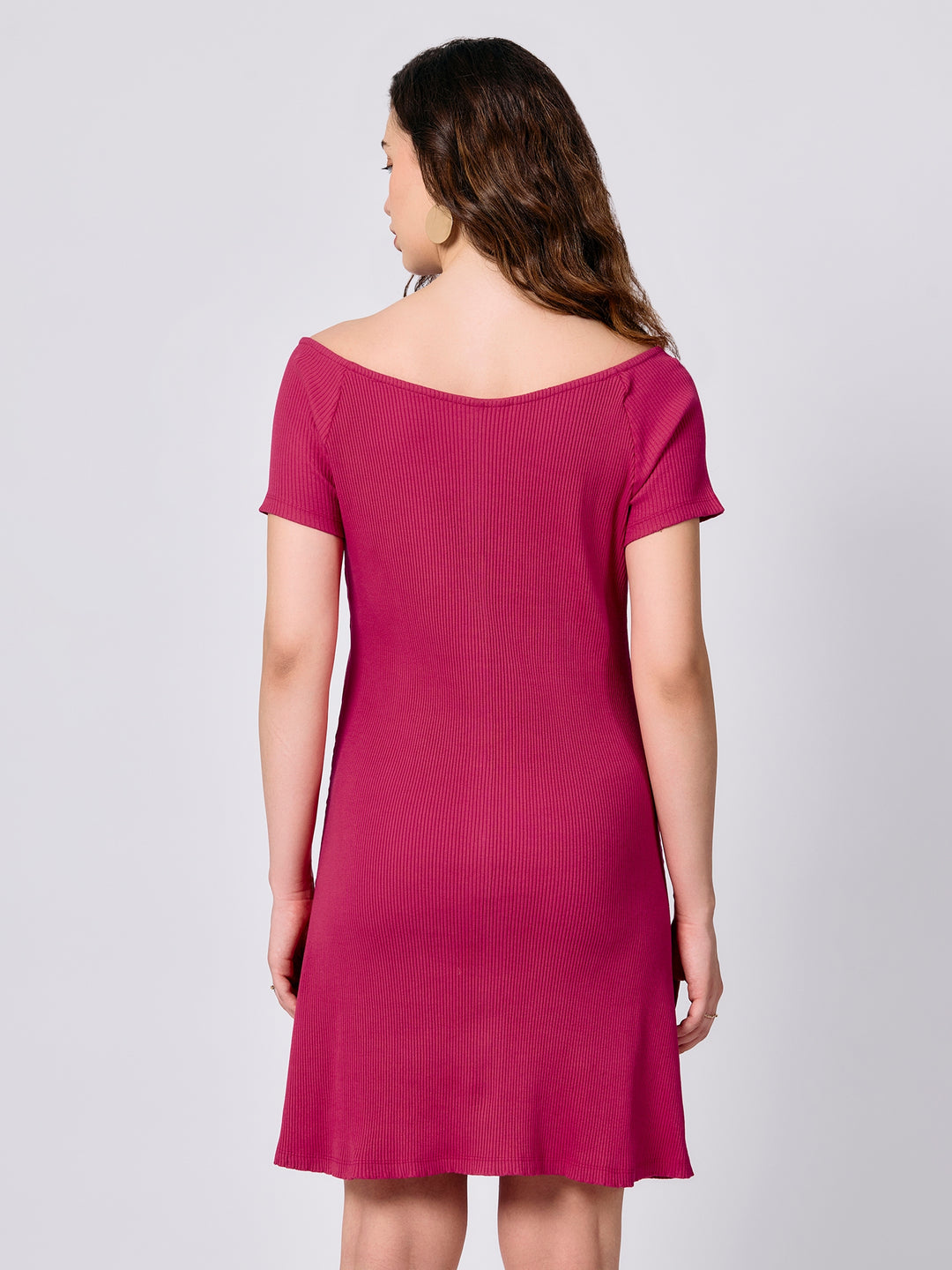 Pink Off-Shoulder Button Down Ribbed Dress