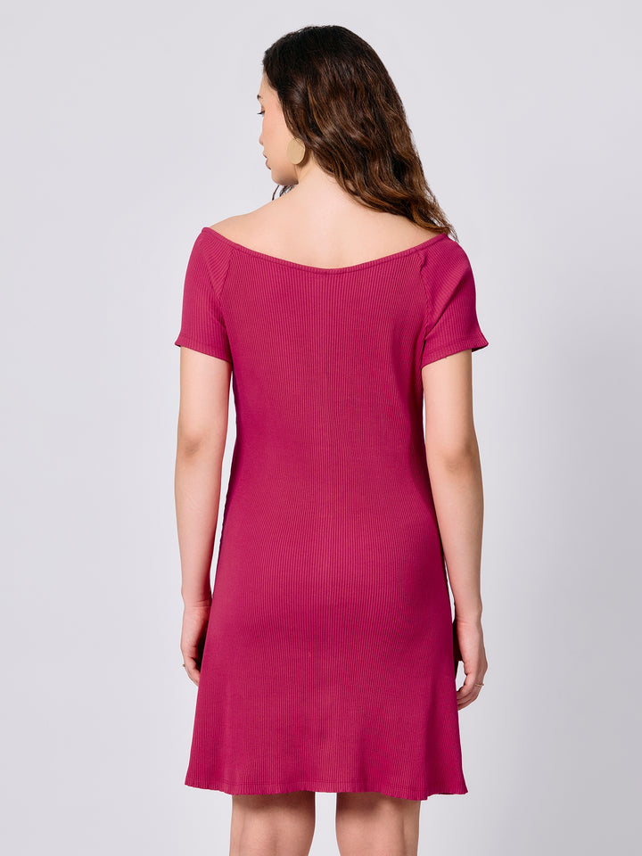 Pink Off-Shoulder Button Down Ribbed Dress