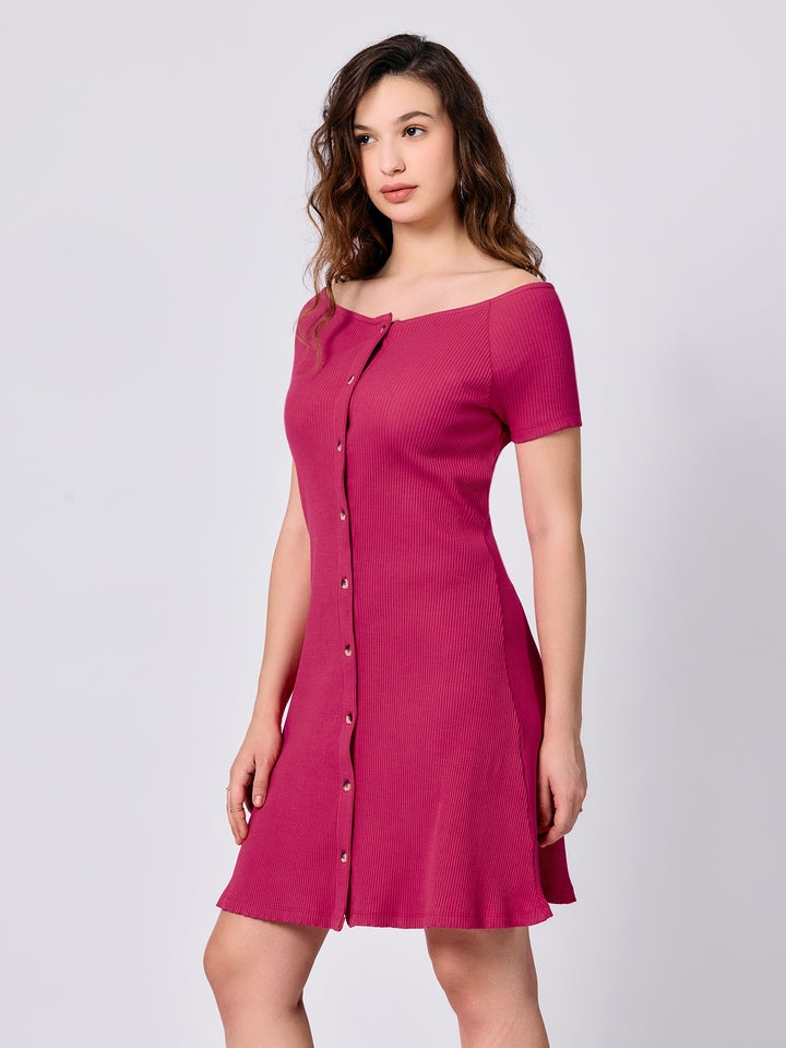 Pink Off-Shoulder Button Down Ribbed Dress