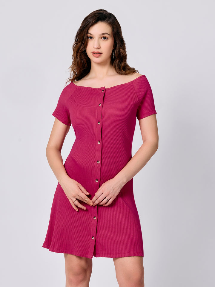 Pink Off-Shoulder Button Down Ribbed Dress