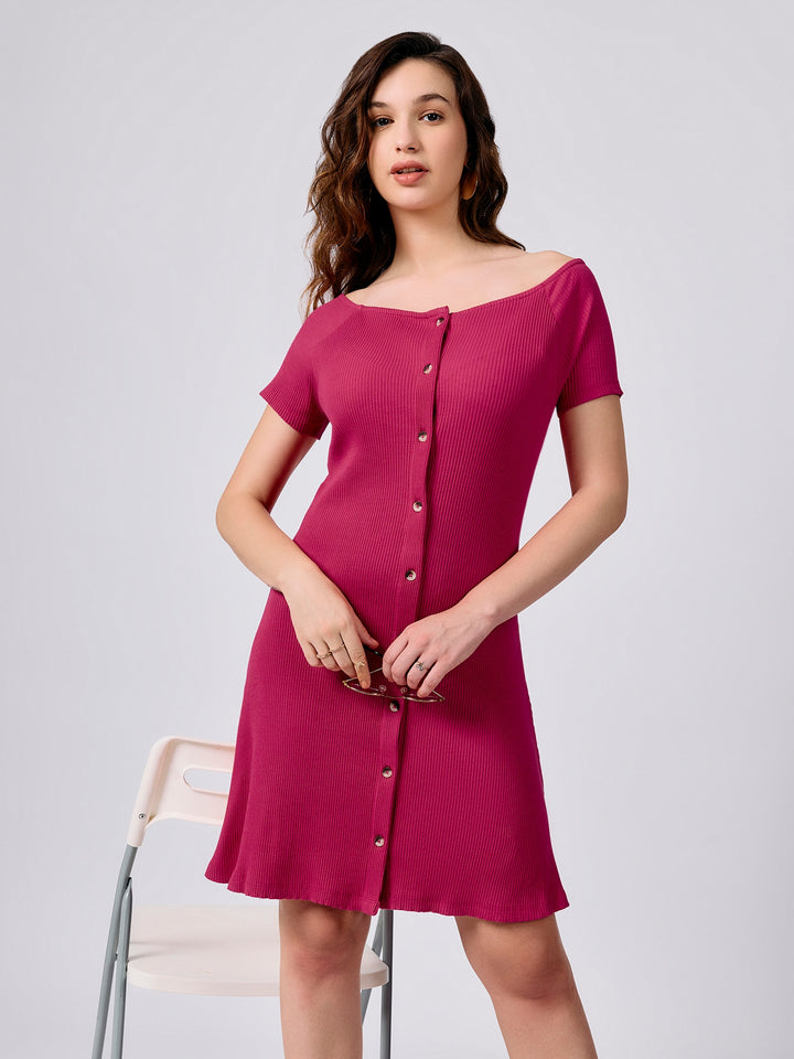 Pink Off-Shoulder Button Down Ribbed Dress