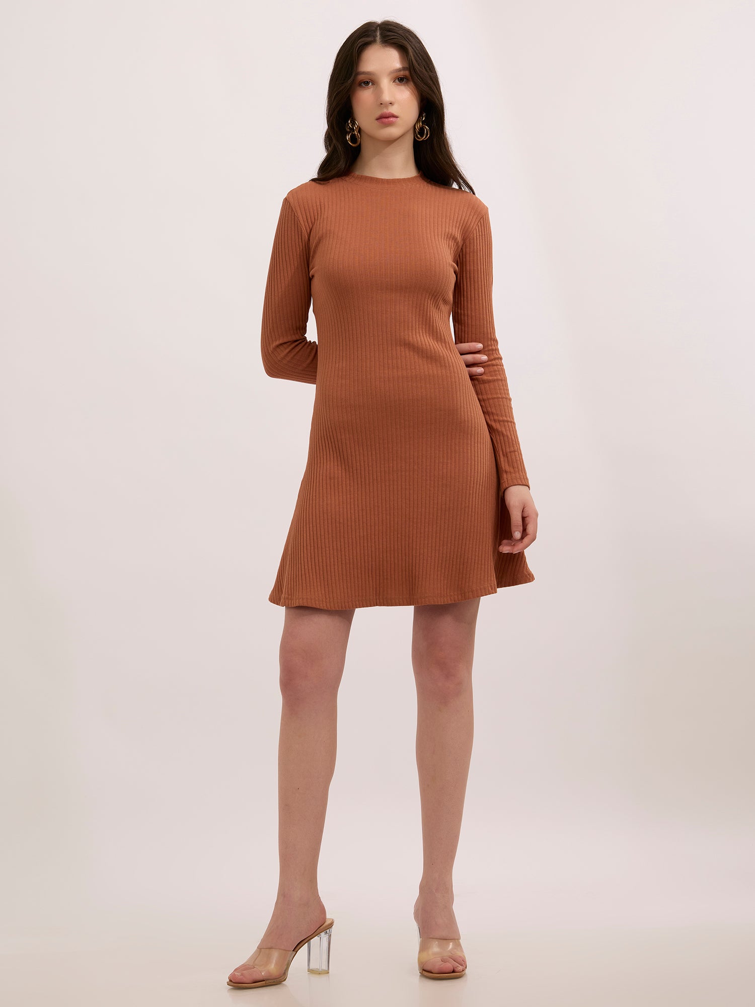 Brown High Neck Skater Dress