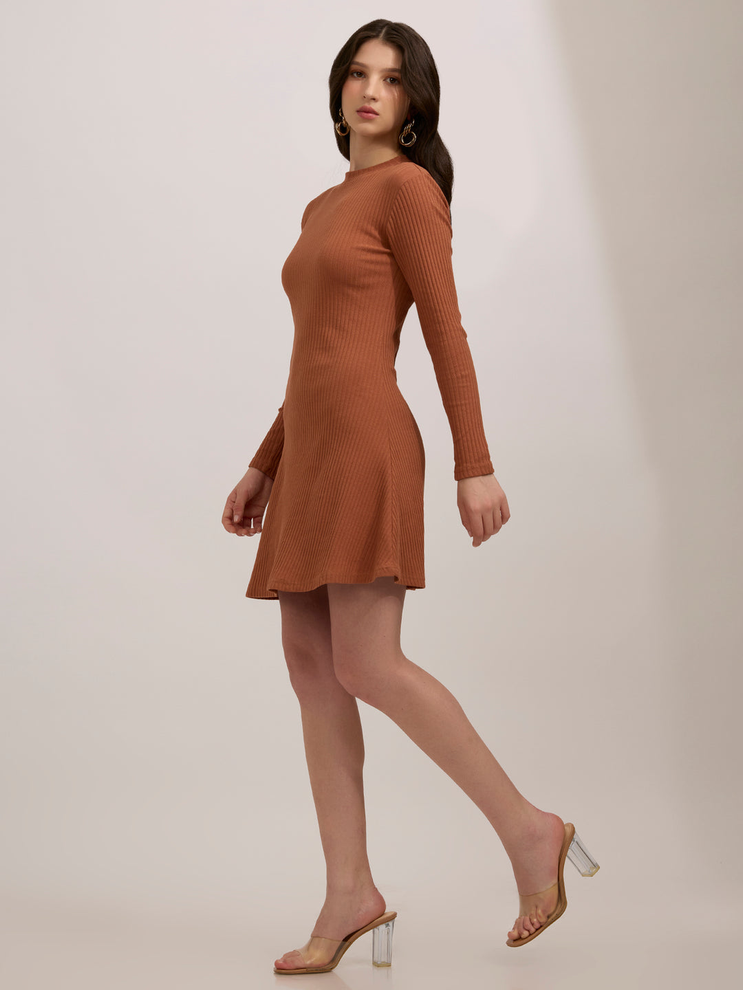 Brown High Neck Skater Dress