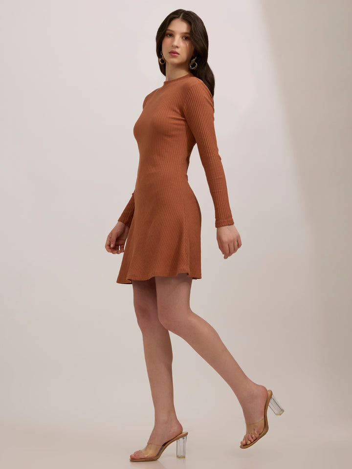Brown High Neck Skater Dress