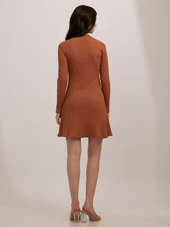 Brown High Neck Skater Dress